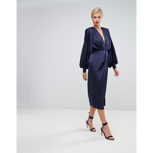 ASOS Shoulder Pad Long Sleeve Midi Selenia Dress - Picture 3 of 8
